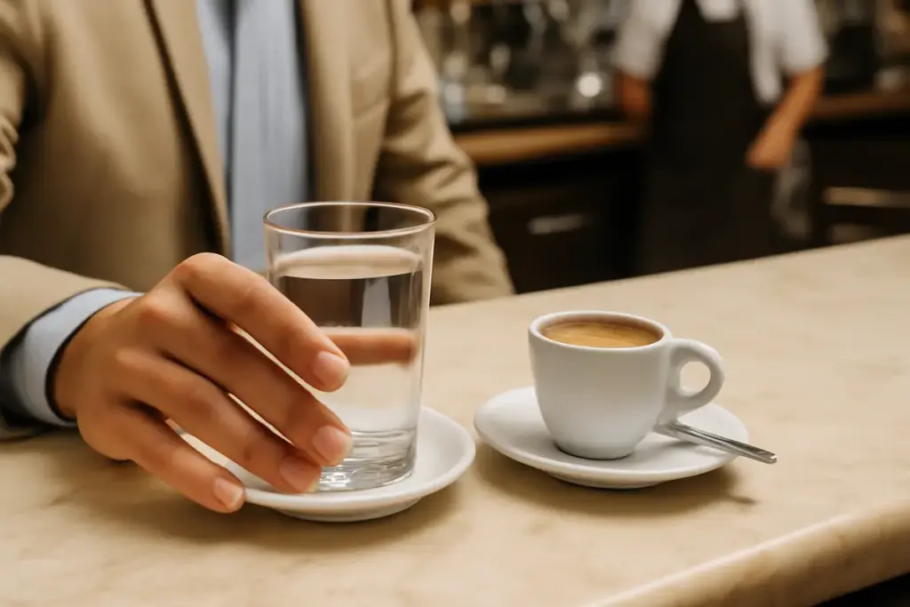 Perché l’acqua al bar si serve prima del caffè? L’usanza spiegata a fondo